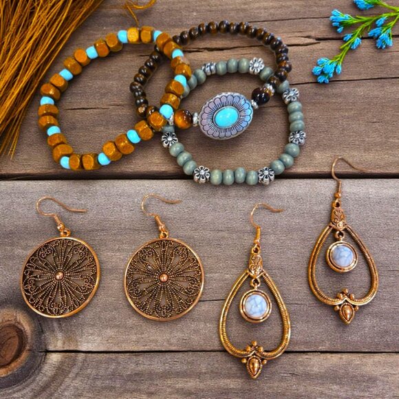 Copper Tone With Teal tones Bracelet And Earring Set - Picture 1 of 1